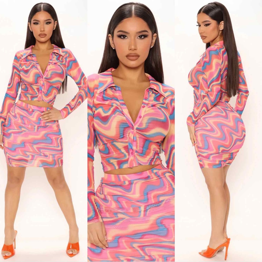 💥 NEW | Abstract Multicolor Print with Sheer Long Sleeve Top and Skirt Set